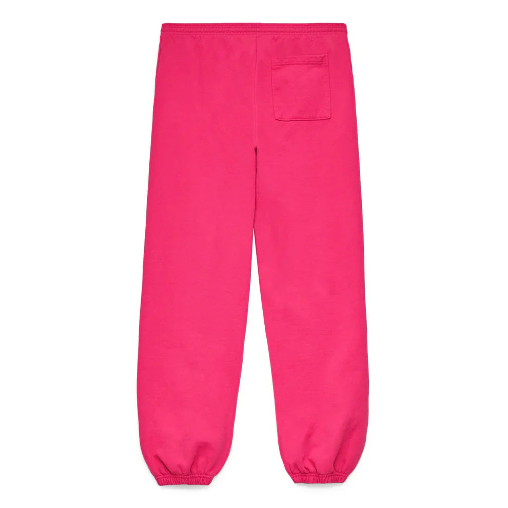 Sp5der Sweatpants – Unisex Pink Cotton Sweatpants with a front logo print, elastic cuffs, and waistband. Features a single back pocket on the upper right. A simple, classic design ideal for pink streetwear looks.
