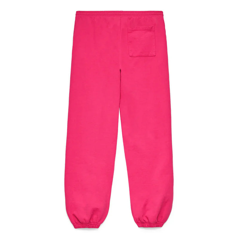 Sp5der Sweatpants – Unisex Pink Cotton Sweatpants with a front logo print, elastic cuffs, and waistband. Features a single back pocket on the upper right. A simple, classic design ideal for pink streetwear looks.