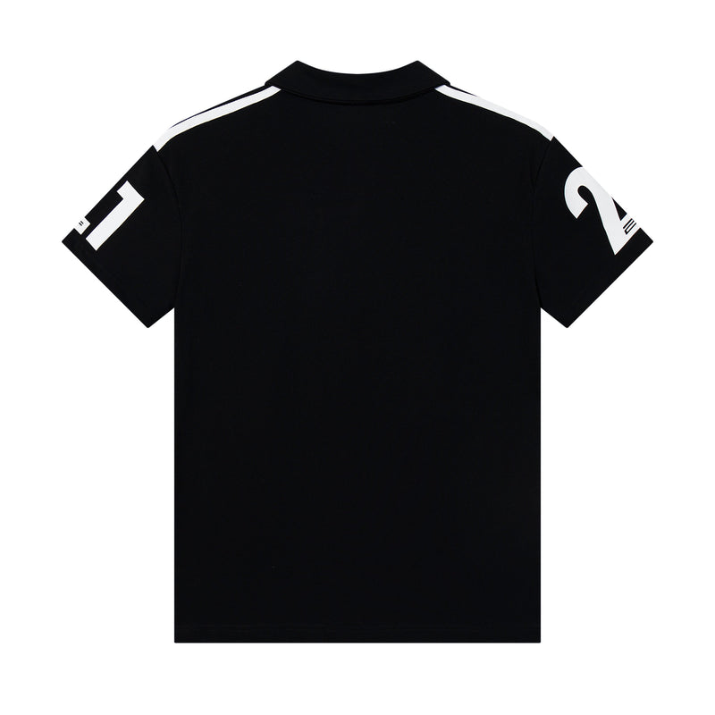 Black Seakoff racing crest polo shirt with white shoulder stripes and bold sleeve graphics on a clean white background