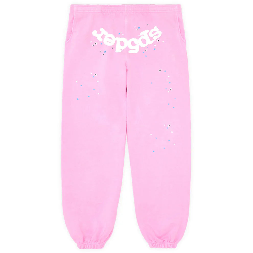 Unisex Sp5der Sweatpants in light pink cotton, featuring front logo and scattered star print for a trendy streetwear look. Elastic cuffs add comfort and style.