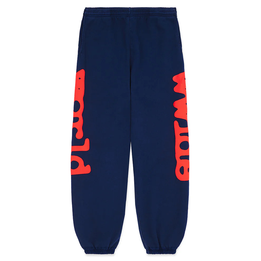 Sp5der Sweatpants Navy Blue Red Side Logo Print – 100% Cotton Streetwear Jogger Pants