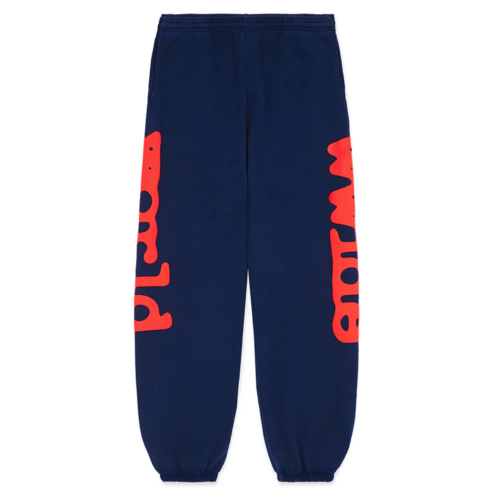 Sp5der Sweatpants Navy Blue Red Side Logo Print: 100% cotton jogger pants with elastic cuffs and waistband, featuring bold red vertical logos on both legs—perfect for standout streetwear style.