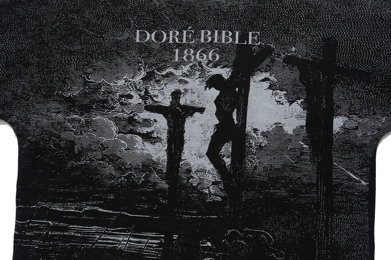 Vintage black graphic tee with a Doré Bible 1866 crucifixion print and distressed monochrome artwork