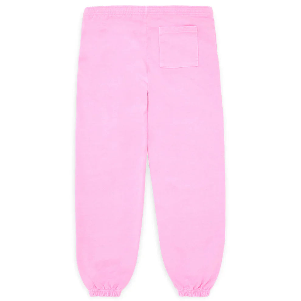Back view of Sp5der Sweatpants – Unisex Light Pink Cotton Sweatpants with front logo, star print, elastic waistband and cuffs, plus a right patch pocket—ideal for pink streetwear lovers.
