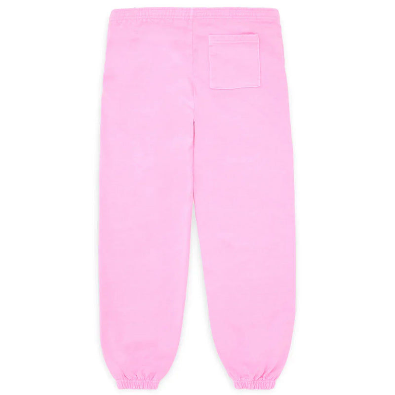 Back view of Sp5der Sweatpants – Unisex Light Pink Cotton Sweatpants with front logo, star print, elastic waistband and cuffs, plus a right patch pocket—ideal for pink streetwear lovers.