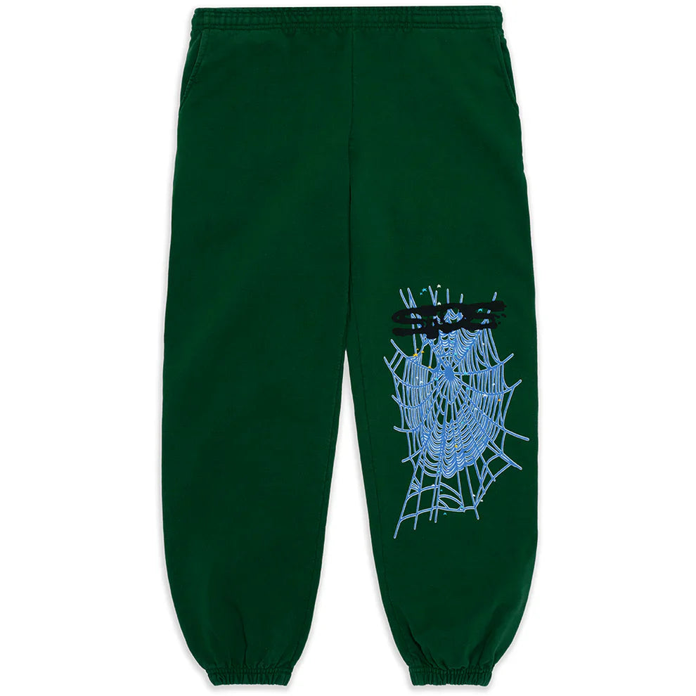 100% Cotton Sp5der Sweatpants for Men – dark green jogger pants with elastic cuffs, blue spider web graphic, and black spider on the left thigh. Relaxed fit streetwear perfect for a bold look.