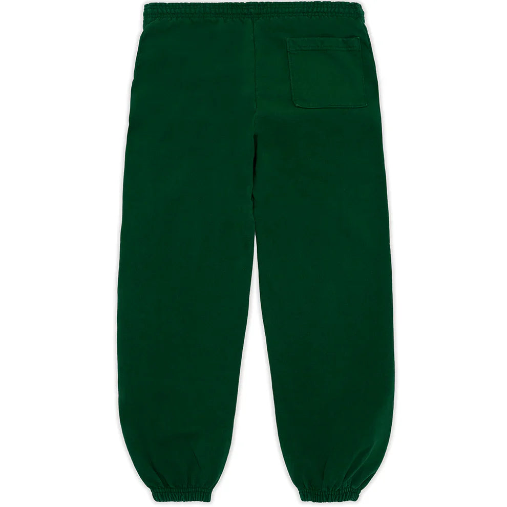 The 100% Cotton Sp5der Sweatpants for Men in dark green feature a spider web graphic, single right back pocket, elastic waistband and cuffs—offering relaxed fit jogger style perfect for streetwear.