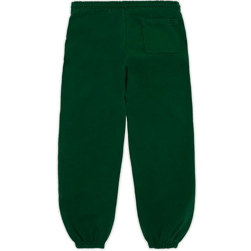 The 100% Cotton Sp5der Sweatpants for Men in dark green feature a spider web graphic, single right back pocket, elastic waistband and cuffs—offering relaxed fit jogger style perfect for streetwear.