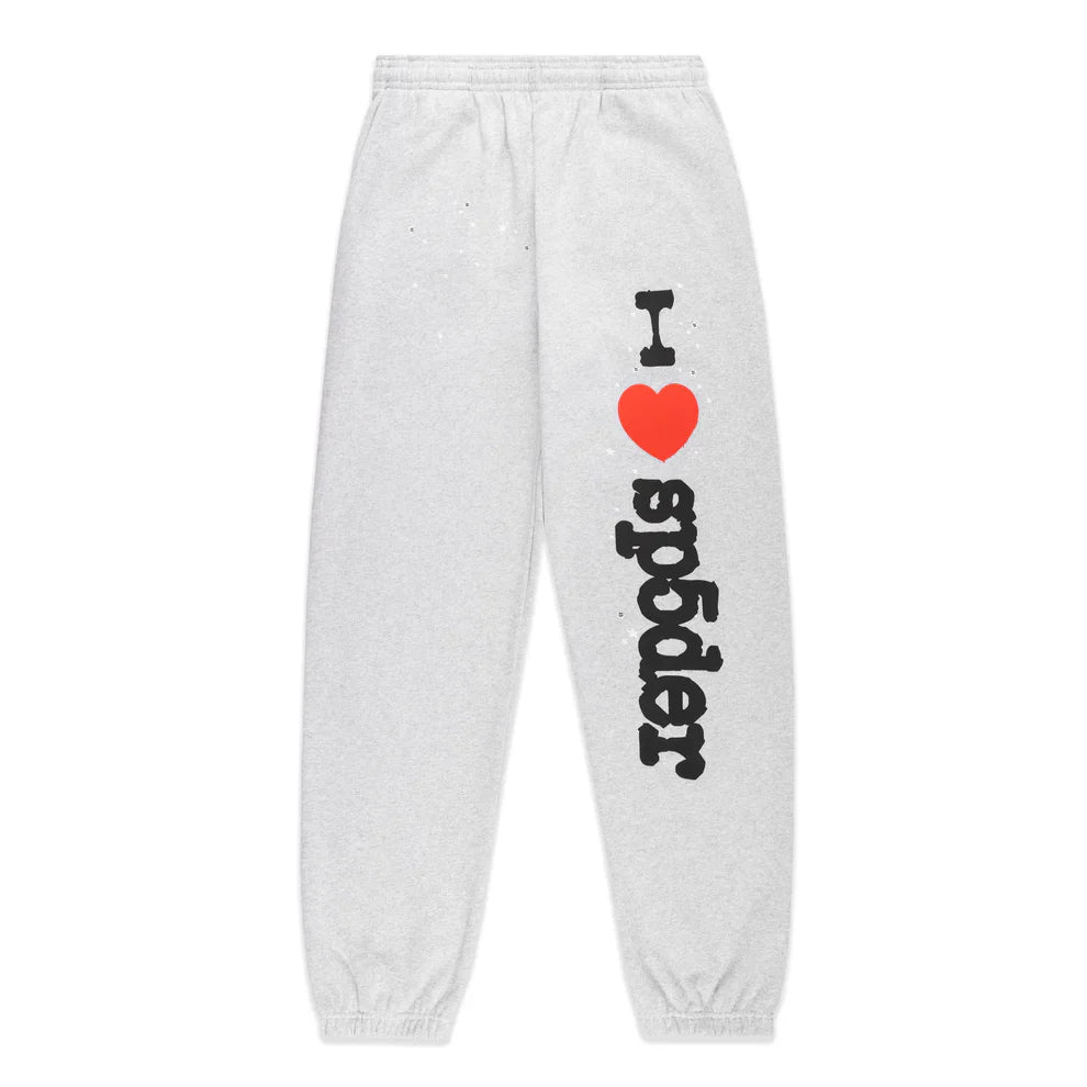 100% Cotton Sp5der Sweatpants for Men in light grey feature a bold “I Love Sp5der” graphic printed vertically on the left leg, relaxed fit, and elastic waistband and cuffs—streetwear-inspired jogger pants for comfort and style.