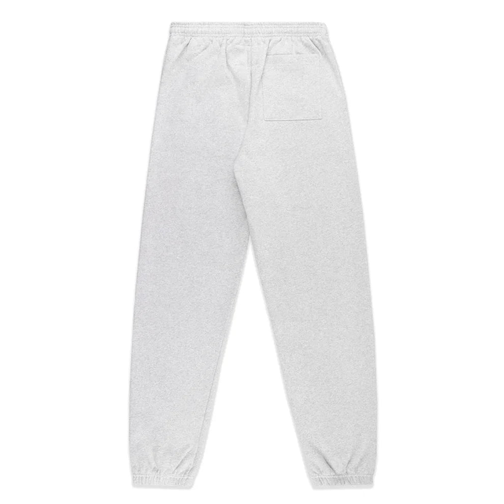 Laid flat and viewed from the back, these light grey 100% cotton Sp5der sweatpants for men feature an elastic waistband, right-side back pocket, elastic cuffs, relaxed fit, and “I Love Sp5der” graphic for streetwear appeal.