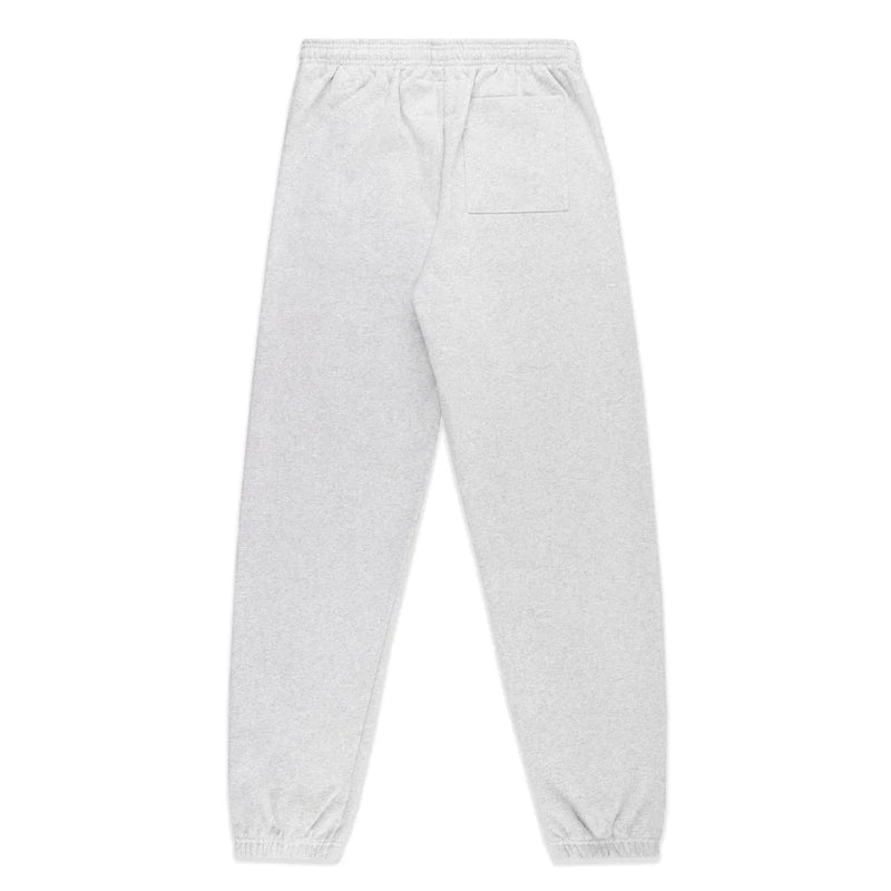 Laid flat and viewed from the back, these light grey 100% cotton Sp5der sweatpants for men feature an elastic waistband, right-side back pocket, elastic cuffs, relaxed fit, and “I Love Sp5der” graphic for streetwear appeal.