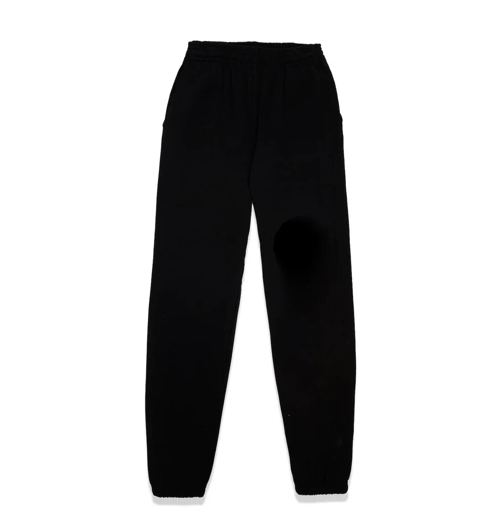 The 100% Cotton Sp5der Sweatpants for Men are black streetwear jogger pants with a yellow logo graphic and relaxed fit—perfect for everyday comfort and effortless style.