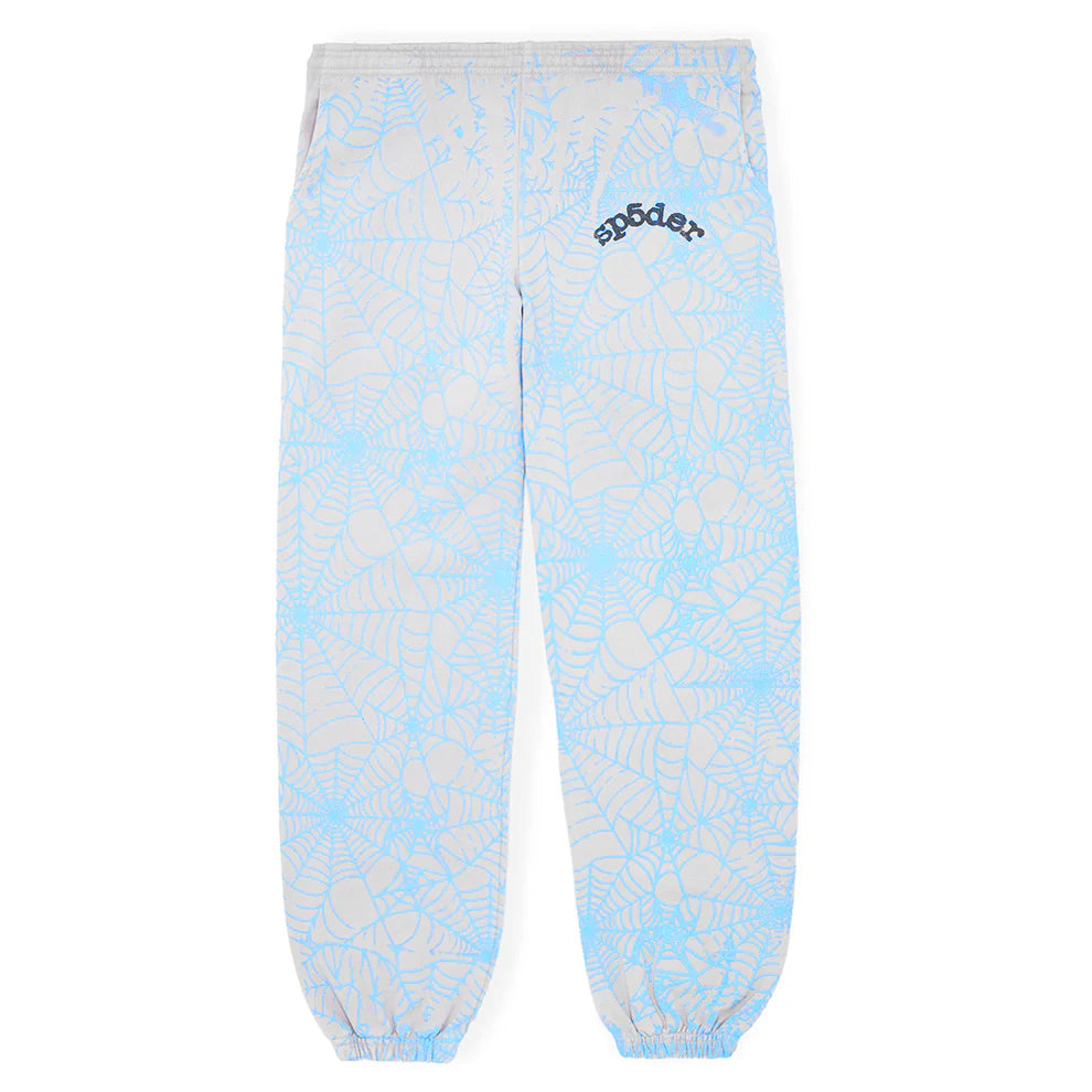 100% Cotton Sp5der Sweatpants for Men – Light Grey Jogger Pants with All-Over Spider Web Print, Relaxed Fit