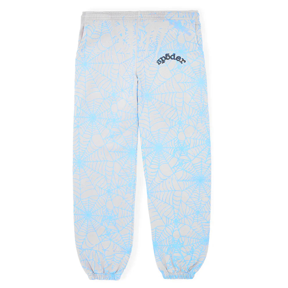 100% Cotton Sp5der Sweatpants for Men – Light Grey Jogger Pants with all-over blue spider web print, "sp5der" in black on the upper left thigh, relaxed fit, elastic waistband and cuffs for comfort.