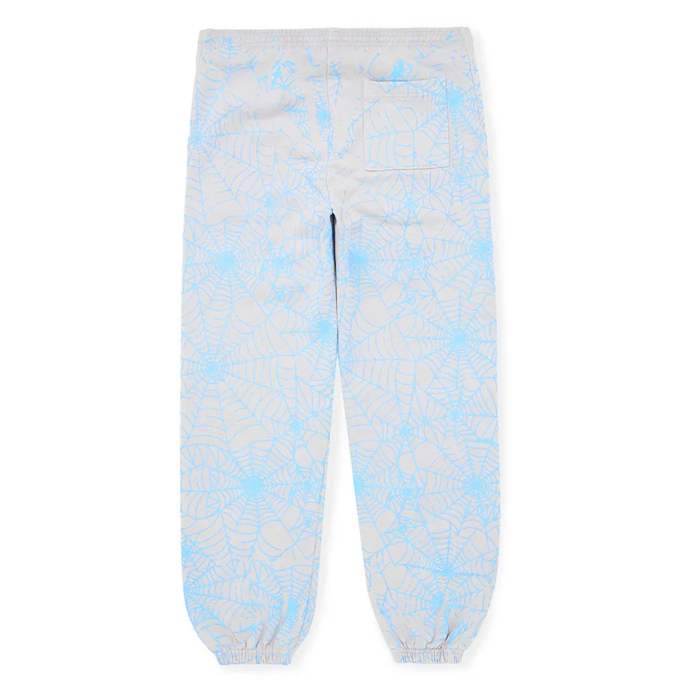 The 100% Cotton Sp5der Sweatpants for Men in light grey feature a relaxed fit, all-over spider web print, elasticated ankle cuffs, and back pockets. Shown laid flat with the back side facing up.