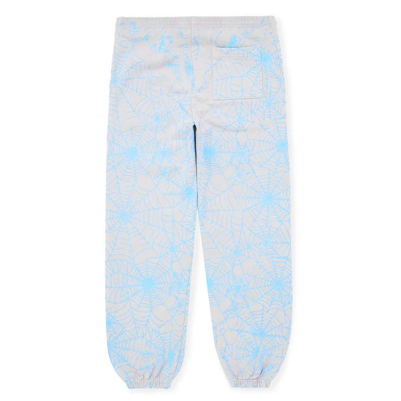 The 100% Cotton Sp5der Sweatpants for Men in light grey feature a relaxed fit, all-over spider web print, elasticated ankle cuffs, and back pockets. Shown laid flat with the back side facing up.
