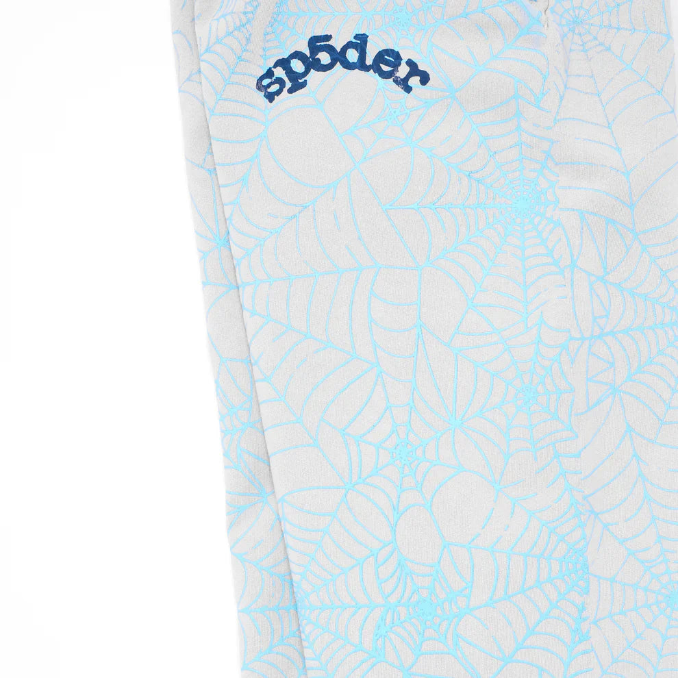 Close-up of 100% Cotton Sp5der Sweatpants for Men in light grey, showcasing an all-over spider web print and relaxed fit—the ideal streetwear jogger pants for those seeking comfort and bold style.