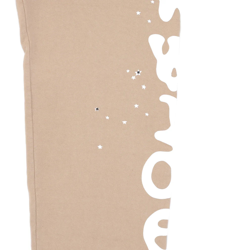 100% Cotton Sp5der Sweatpants for Men – Beige Streetwear Jogger Pants with Side Logo Graphic, Relaxed Fit