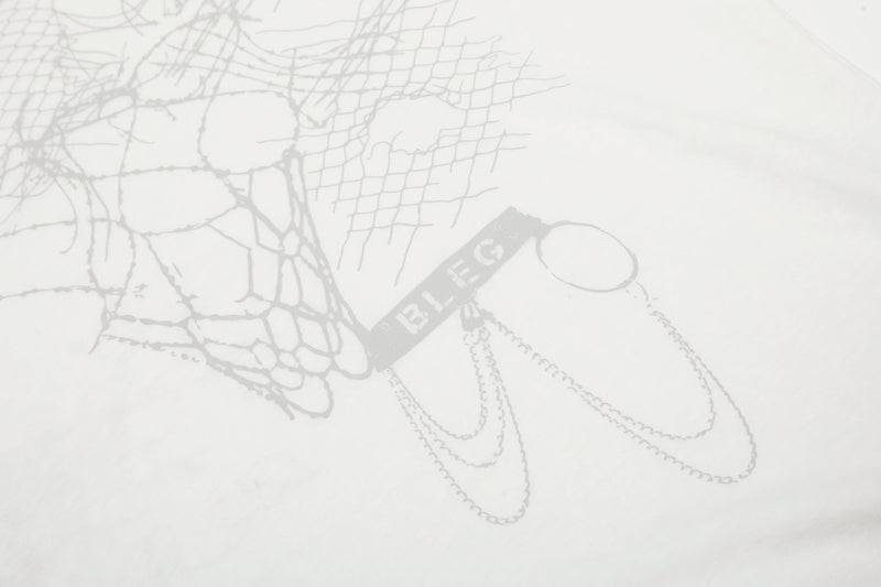 Close-up of front graphic showing chain and mesh-style gray print on white tee