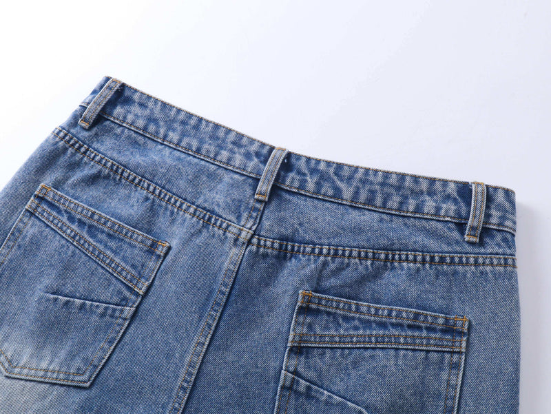Close-up of blue jeans back waistband and pockets