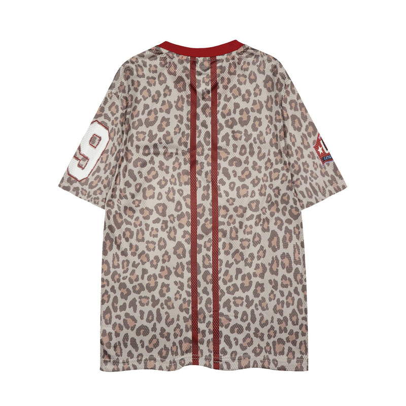 Leopard print varsity mesh jersey with red trim, front number detail, and short sleeves on a white background