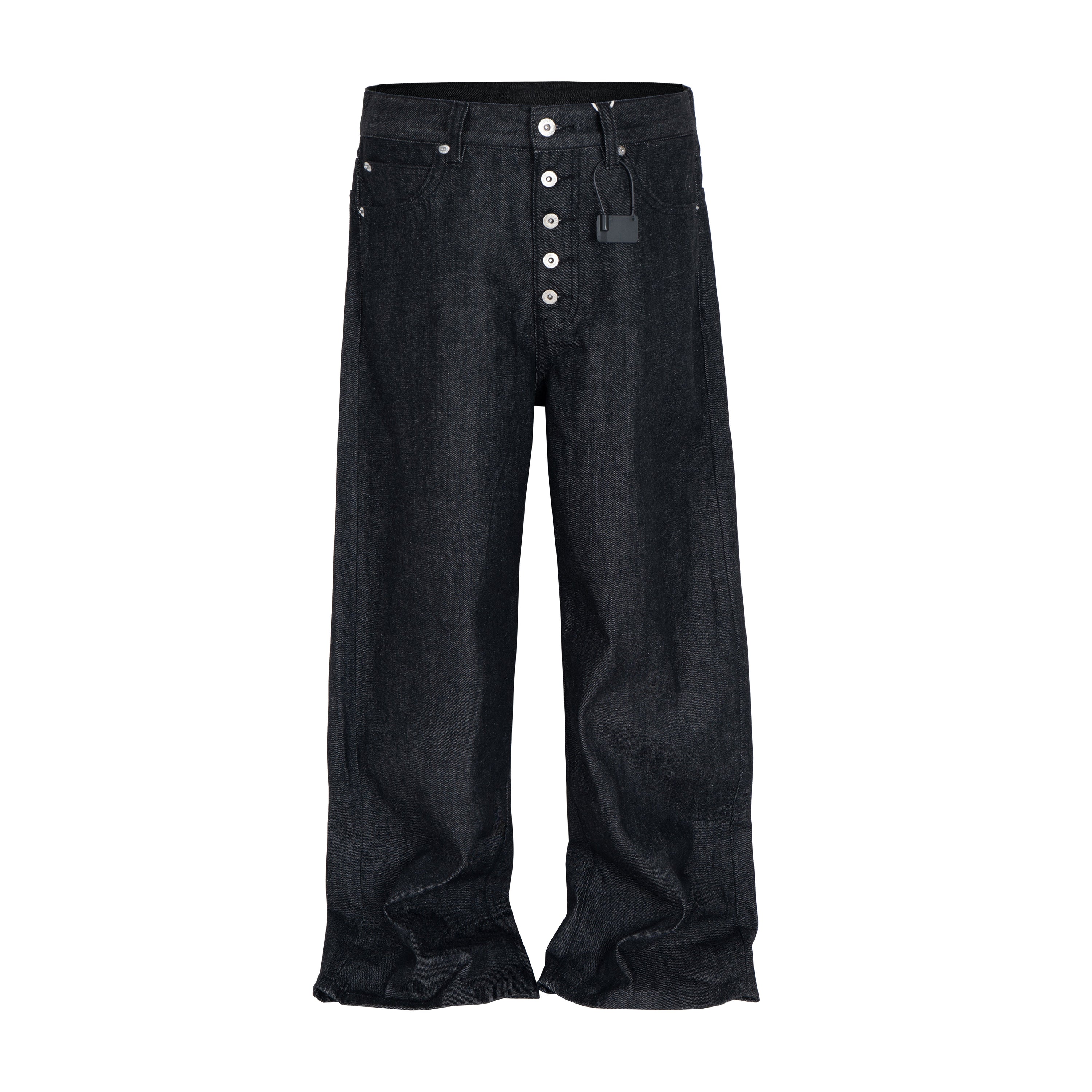 Front view of Omirad black raw denim wide-leg jeans with exposed multi-button fly and stacked hem