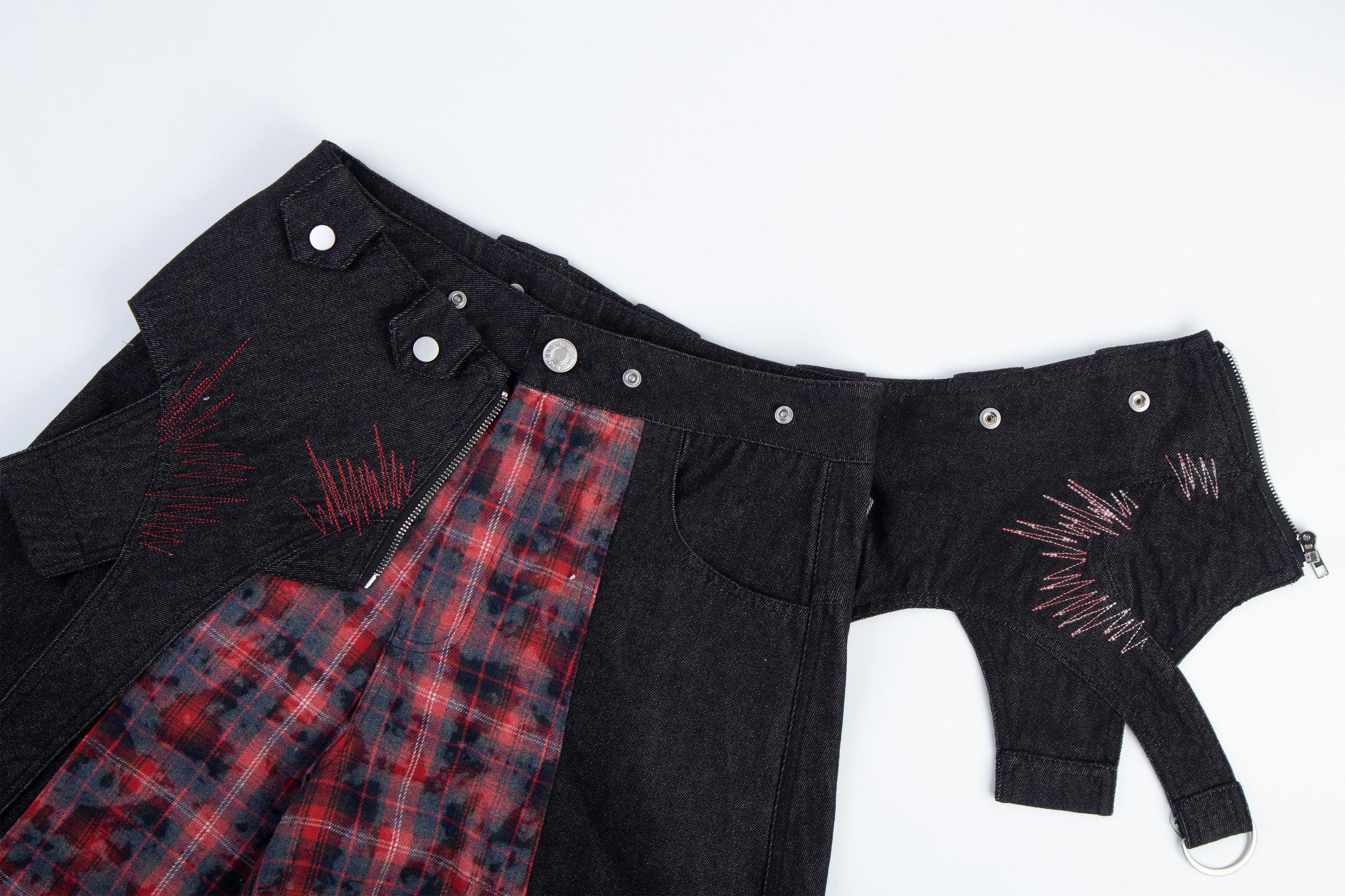 Punk Layered Plaid Panel Wide-Leg Cargo Pants | SEAKOFF