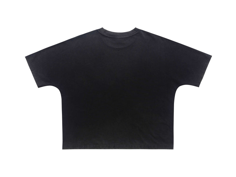 Black oversized graphic tee with a relaxed fit and minimal front view, styled for dark gothic streetwear
