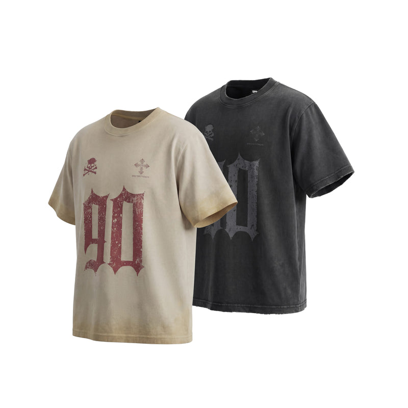 Vintage gothic distressed graphic T-shirts in beige and black with oversized 90-style print and faded skull accents