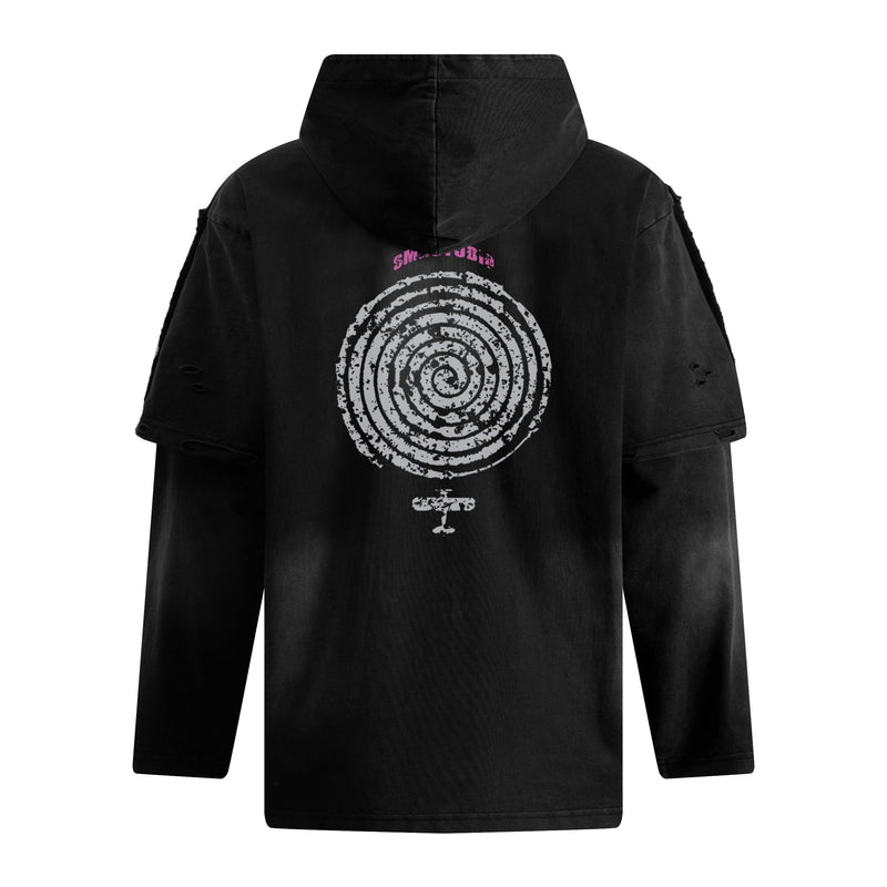 Back view of black layered hoodie tee with white spiral graphic and small pink text