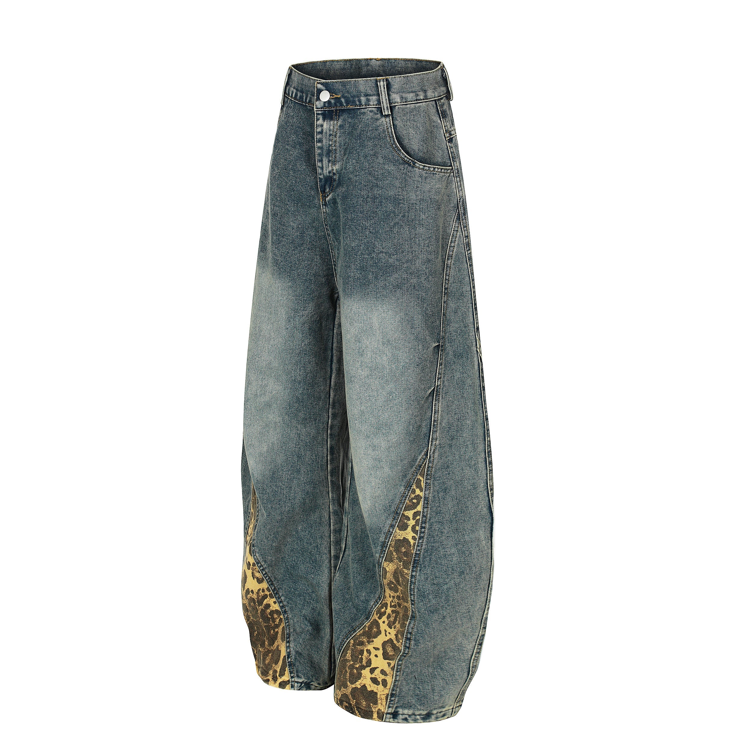 Leopard-Panel Wide-Leg Denim Jeans | Streetwear Baggy Fit