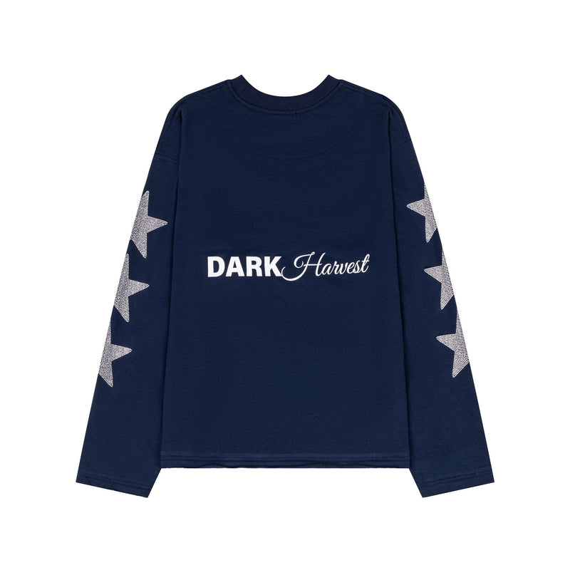 Navy long sleeve tee back view with star rhinestone sleeves and small chest-style print