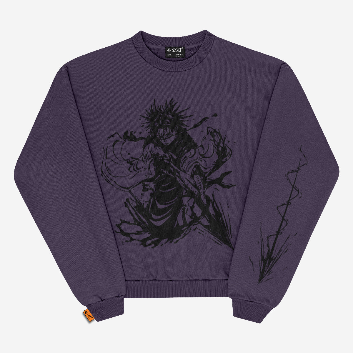 The Jujutsu Kaisen Inspired Black Sweatshirt features a vibrant red cursed energy design, perfect for anime streetwear fans. It includes ribbed cuffs and a small orange tag, aligning with dynamic manga art styles.