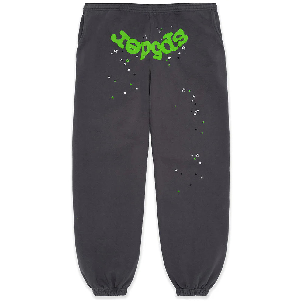 100% Cotton Sp5der Sweatpants for Men – Dark Grey Jogger Pants with Green Logo Graphic, Relaxed Fit