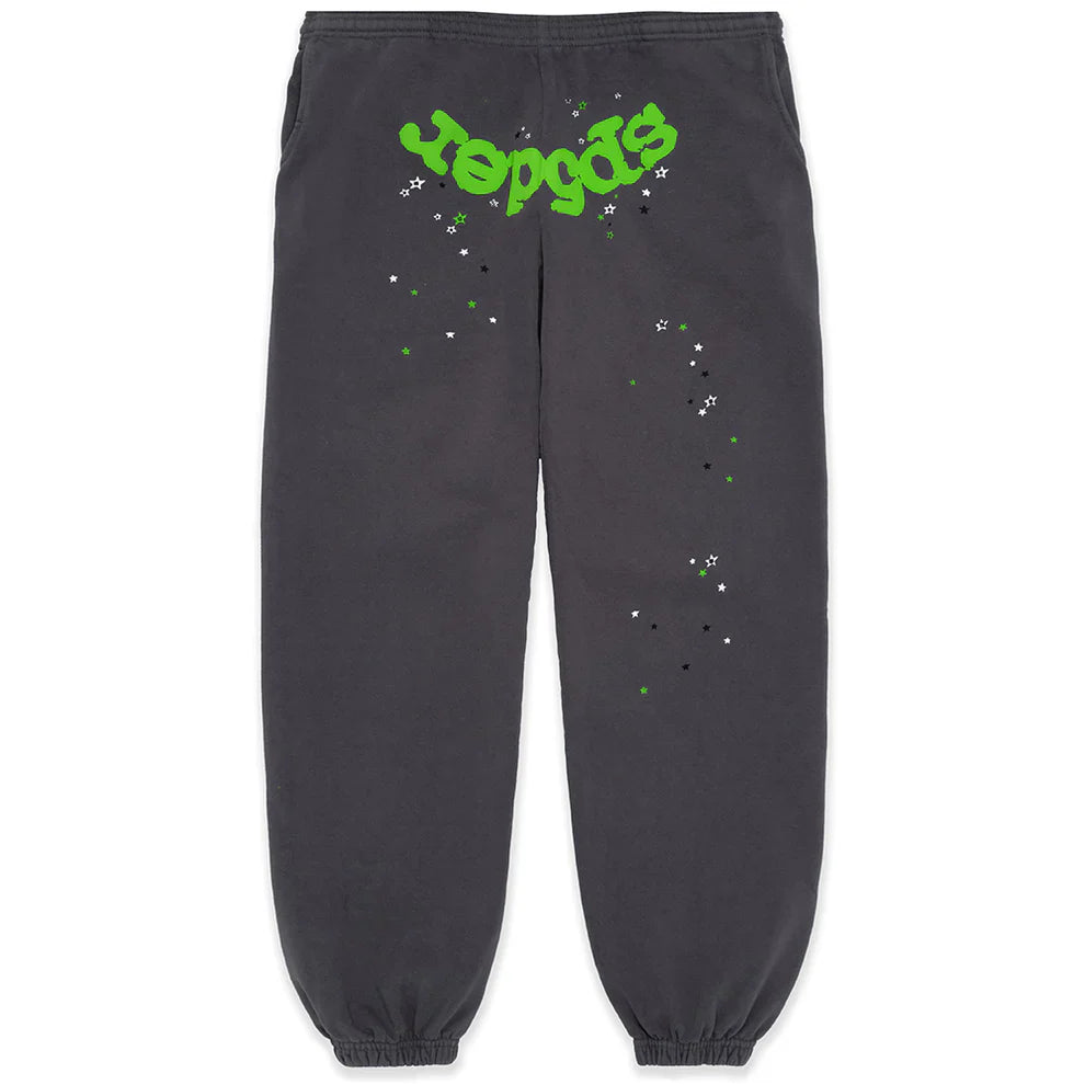 100% Cotton Sp5der Sweatpants for Men—dark grey jogger pants with a bright green logo graphic and small stars down one leg, in a relaxed fit—make standout streetwear.