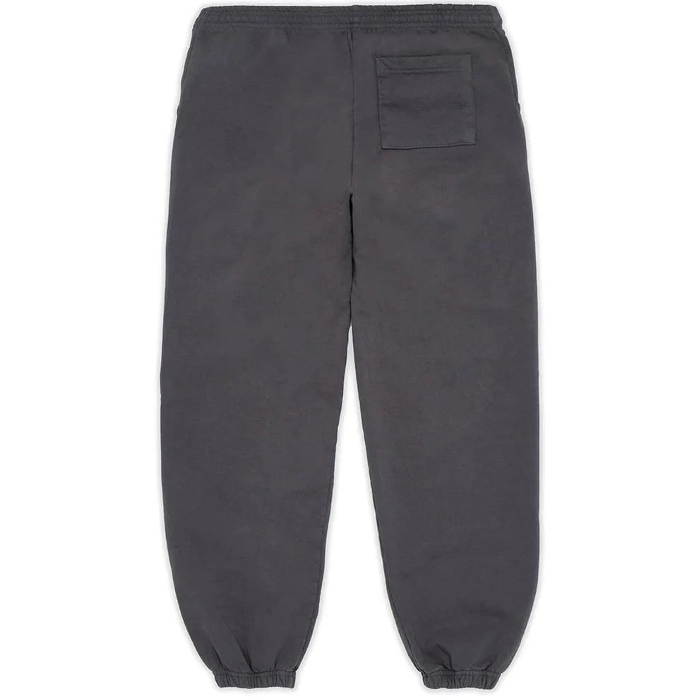 100% Cotton Sp5der Sweatpants for Men in dark grey, shown from the back with elastic waistband, ankle cuffs, a right-side back pocket, and a green logo—relaxed fit joggers perfect for streetwear style.