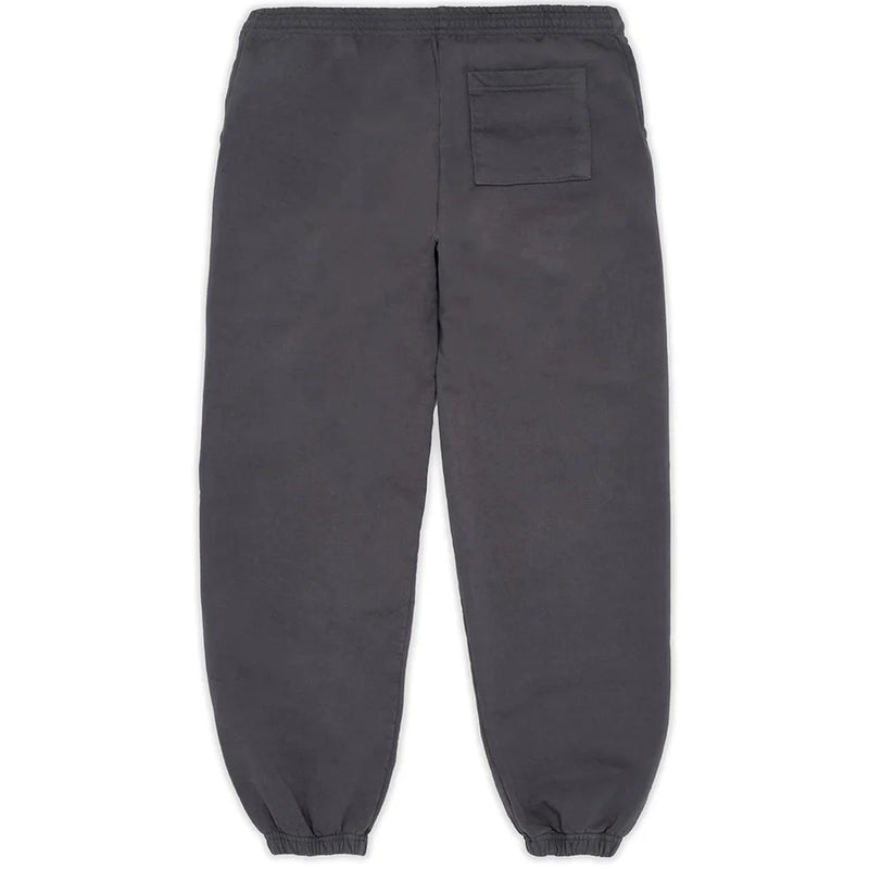 100% Cotton Sp5der Sweatpants for Men in dark grey, shown from the back with elastic waistband, ankle cuffs, a right-side back pocket, and a green logo—relaxed fit joggers perfect for streetwear style.