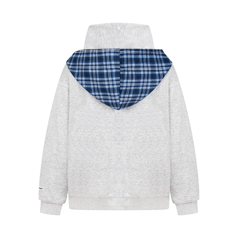Back view of light gray hoodie with blue plaid hood and scarf panel draped across the shoulders