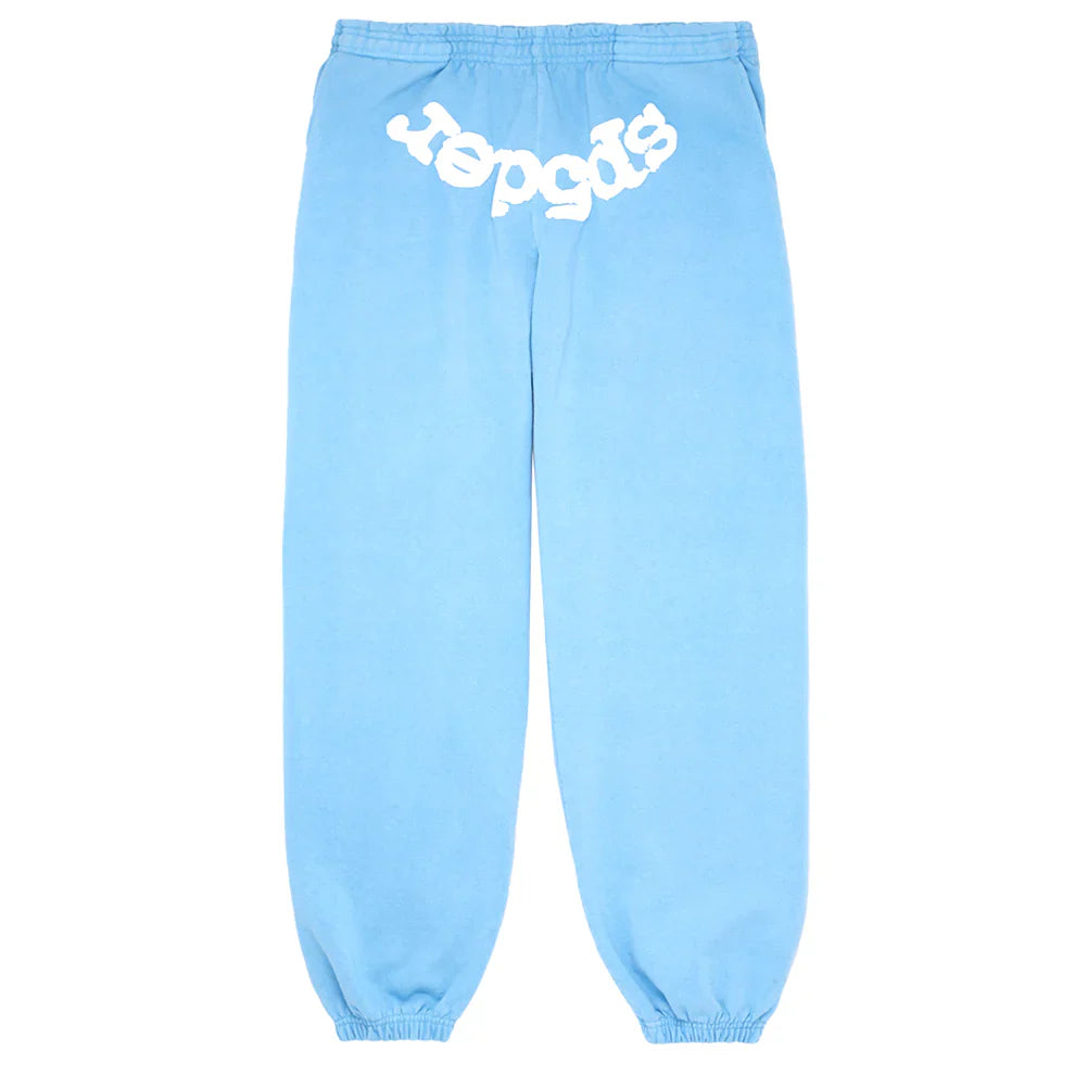 Unisex light blue cotton Sp5der Sweatpants with a front logo print, featuring elastic cuffs and waistband—an essential streetwear staple.