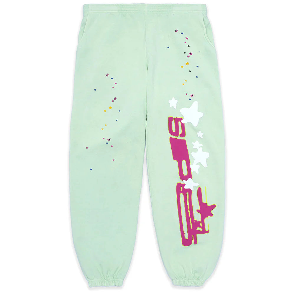 Unisex mint green Sp5der sweatpants are made from 100% cotton and feature a relaxed fit, vertical logo, and star graphics. These jogger pants have elastic cuffs and waistband for comfort and style.