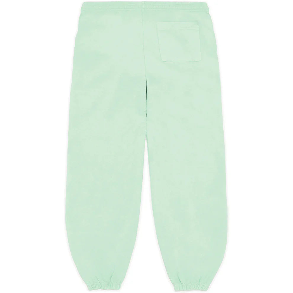 Unisex mint green 100% cotton Sp5der sweatpants with vertical logo and star graphics, relaxed fit, elastic waistband and cuffs, plus a right-side back pocket—perfect modern streetwear jogger pants.