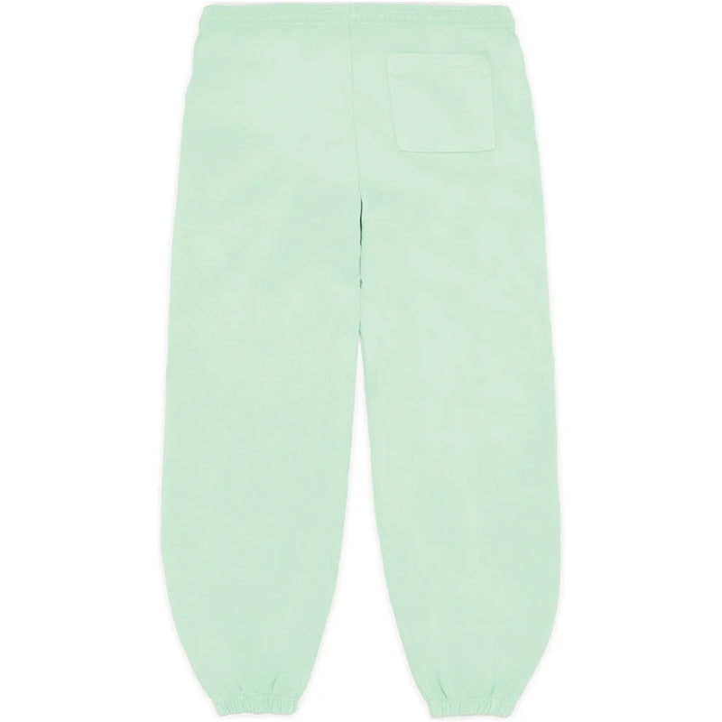 Unisex mint green 100% cotton Sp5der sweatpants with vertical logo and star graphics, relaxed fit, elastic waistband and cuffs, plus a right-side back pocket—perfect modern streetwear jogger pants.