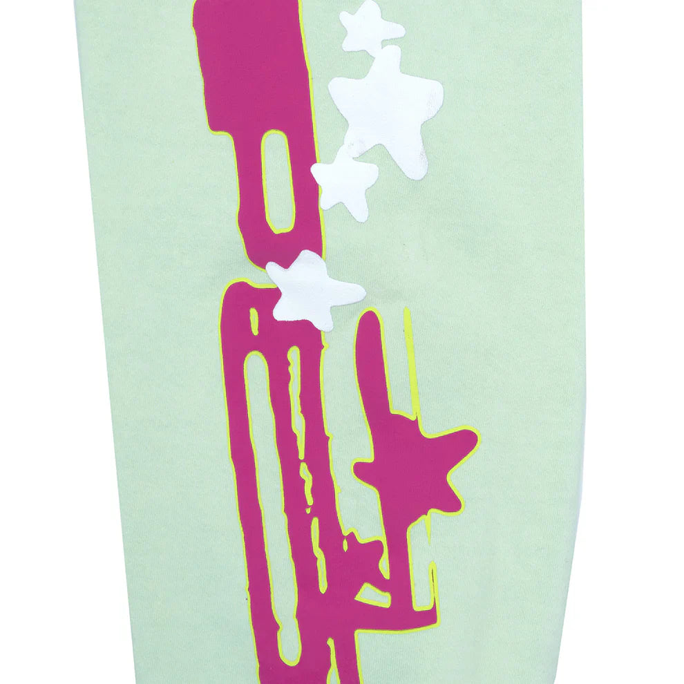 Bold, modern design inspired by 100% Cotton Sp5der Sweatpants – Unisex Mint Green Jogger Pants featuring a vertical magenta logo and layered white and yellow stars for standout streetwear style.