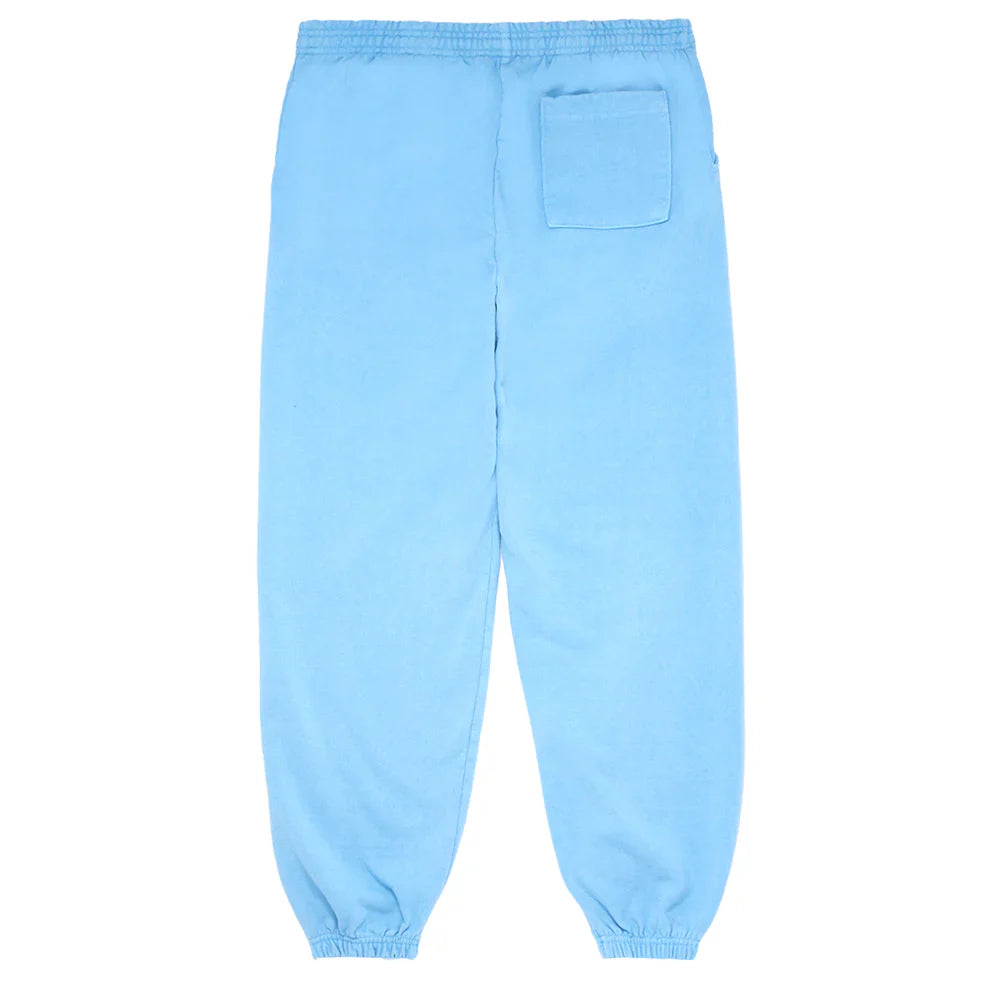 The Sp5der Sweatpants are unisex light blue cotton joggers with a front logo print, elastic waistband, ankle cuffs, and a single patch pocket on the right side. Shown from the back for added style detail.