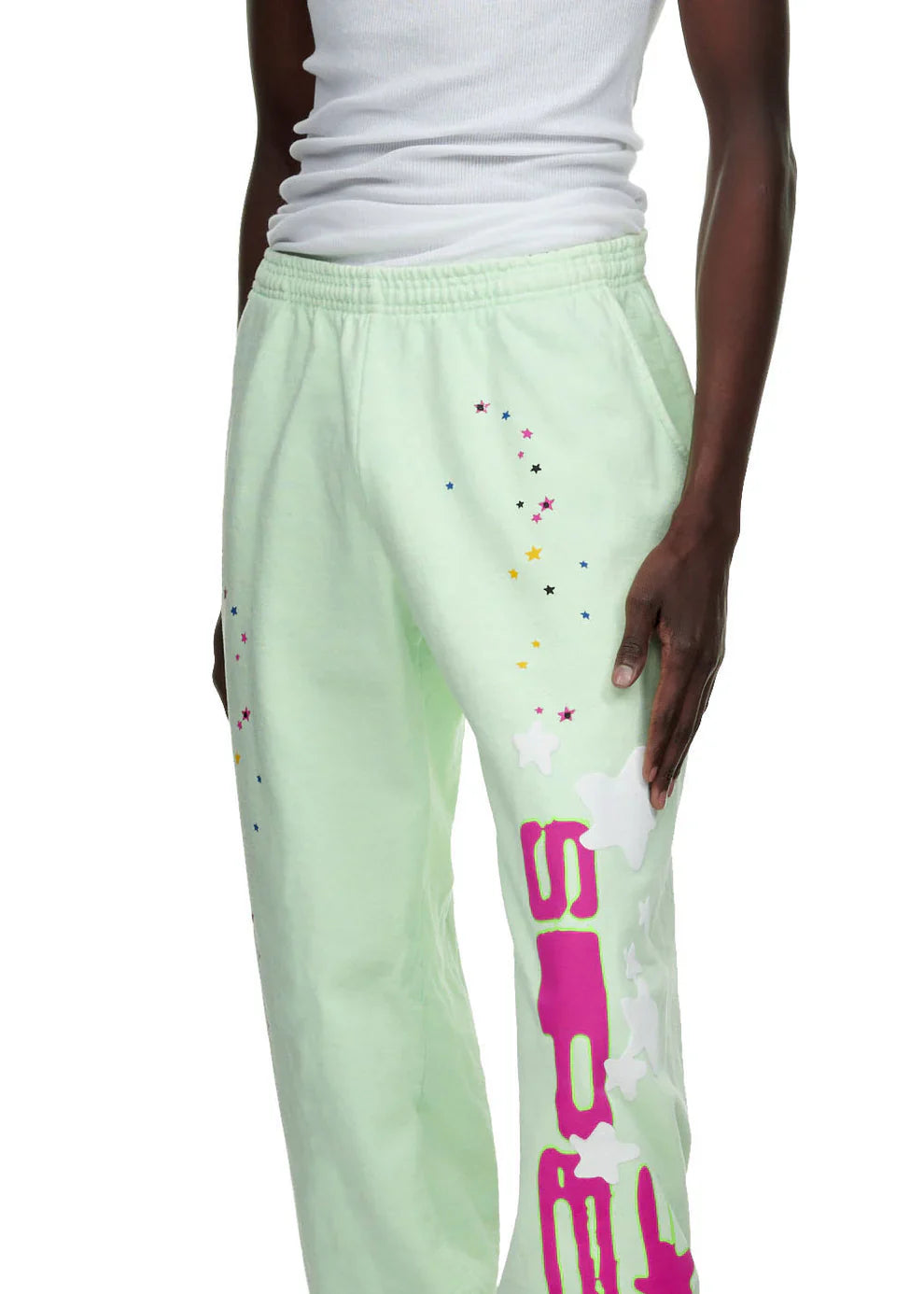 A person wears 100% Cotton Sp5der Sweatpants – Unisex Mint Green Jogger Pants with vertical logo and star graphics, paired with a white ribbed tank top. Only the lower torso and upper legs are visible, showcasing this relaxed fit streetwear look.