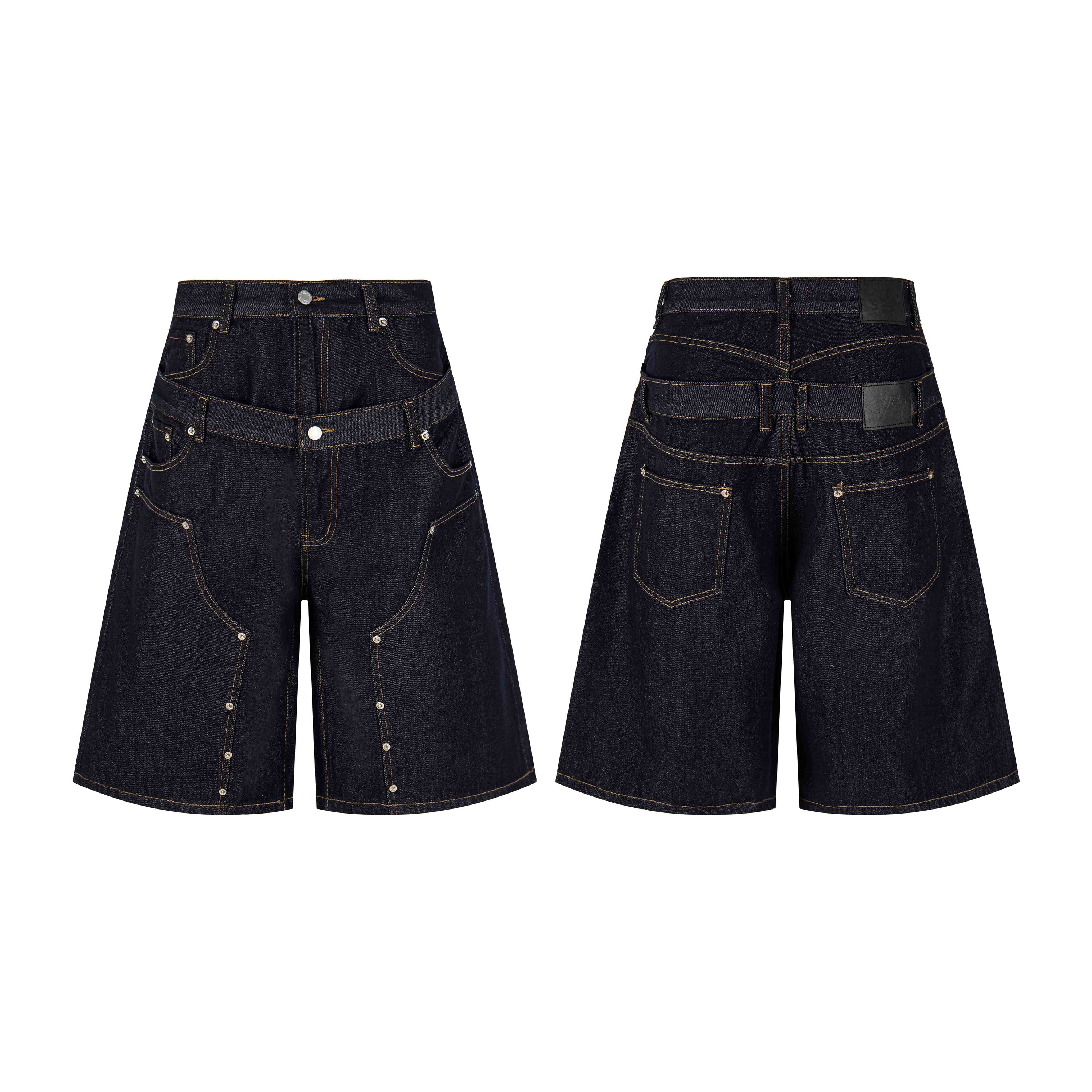 Omirad double waist panel denim shorts in deep indigo shown front and back with gold topstitching and rivet accents