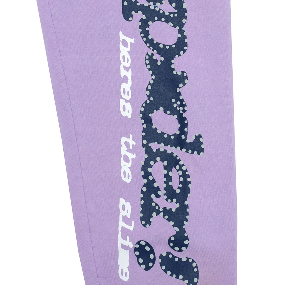 100% Cotton Sp5der Sweatpants – Unisex Lavender Jogger Pants with Vertical Logo and Star Details, Relaxed Fit