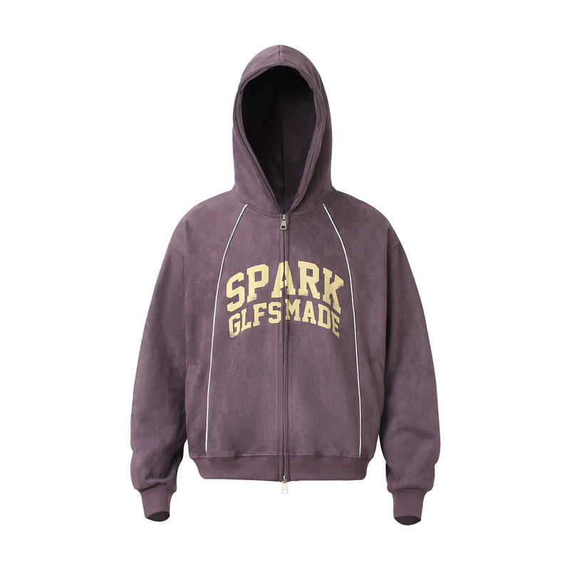 Purple suede zip hoodie with bold yellow lettering and white piping, front view