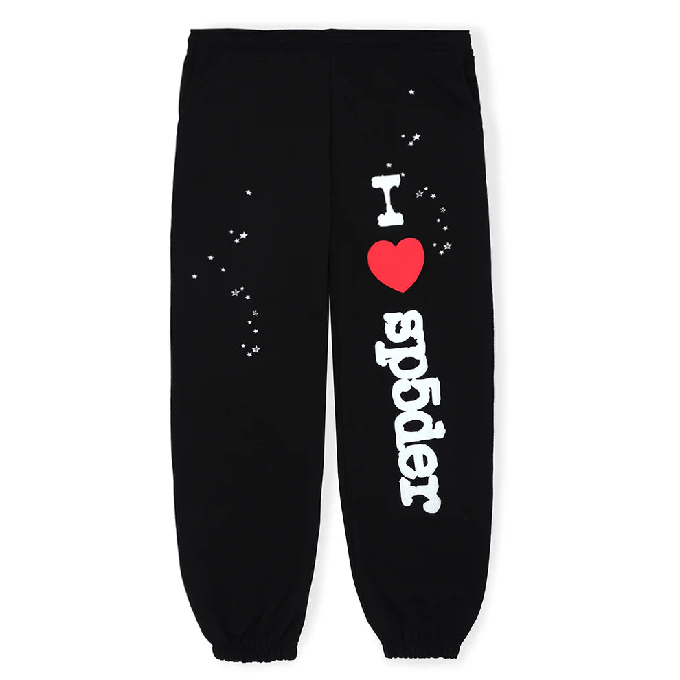 100% Cotton Sp5der Sweatpants – Unisex Black Jogger Pants with “I Love Sp5der” Graphic, Relaxed Fit