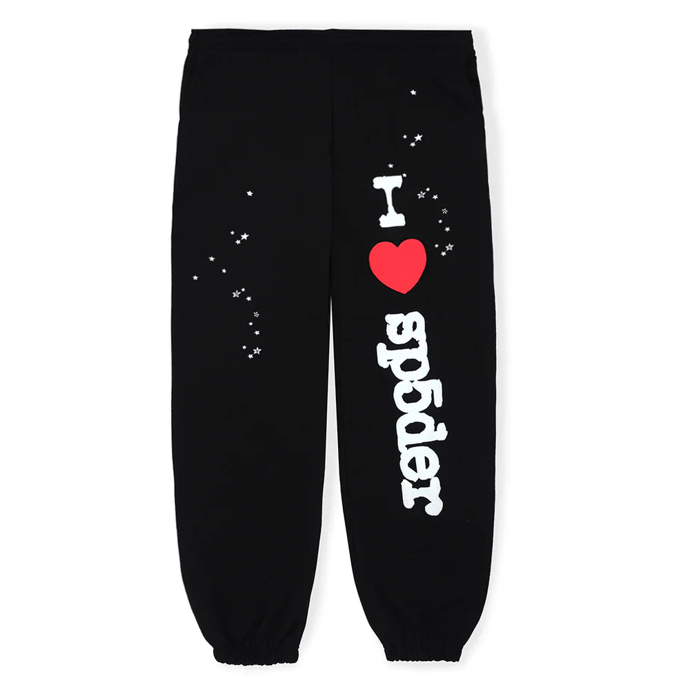 100% Cotton Sp5der Sweatpants – Unisex black joggers with an elastic waist and cuffs, featuring “I Love Sp5der” in white and red plus white stars on one leg for standout streetwear comfort and style.